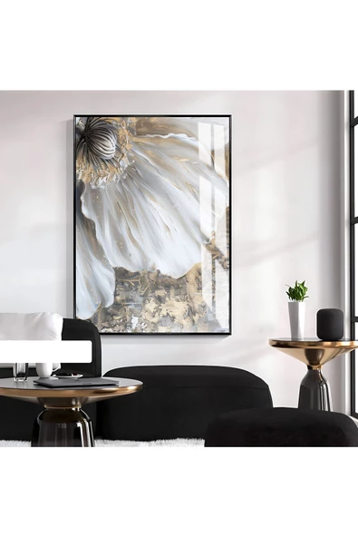 Harikabirev HARİKABİREV|GRİ-GOLD SOFT ÇİÇEK DESENLİ MODEL II |ÇERÇEVELİ TEMPERLİ CAM TABLO TEKLİ DİKEY ürün görseli 1