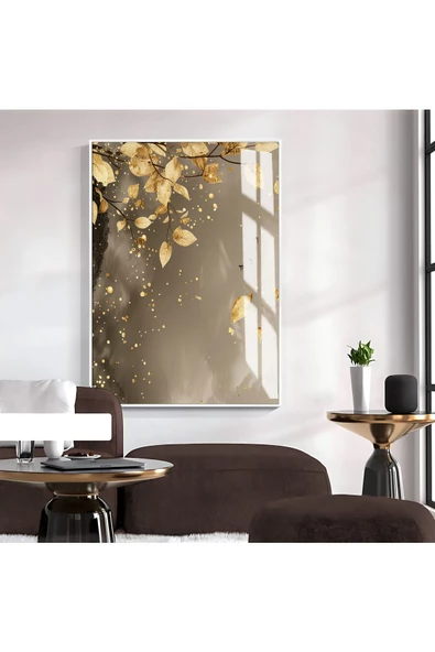 Harikabirev HARİKABİREV|KAHVERENGİ-GOLD YAPRAK DESEN SOYUT MODEL 2|ÇERÇEVELİ TEMPERLİ CAM TABLO TEKLİ DİKEY ürün görseli 1