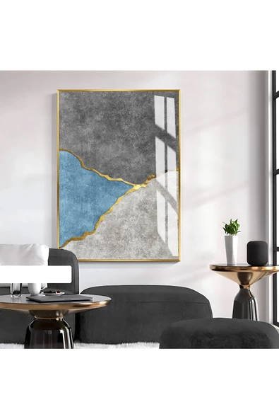 Harikabirev HARİKABİREV|SOYUT GRİ-GOLD-MAVİ ELEGANT SEVİLEN DESEN 1|ÇERÇEVELİ TEMPERLİ CAM TABLO TEKLİ DİKEY ürün görseli 1