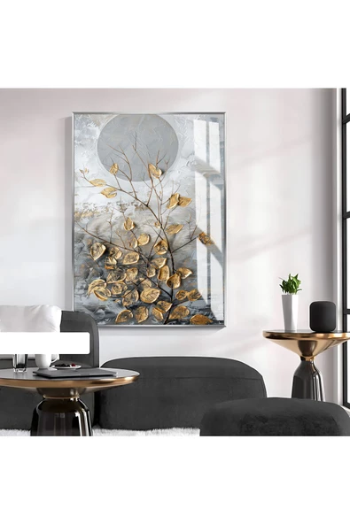 Harikabirev HARİKABİREV|GOLD-GRİ YAPRAK DESENLİ SOYUT MODEL 1|ÇERÇEVELİ TEMPERLİ CAM TABLO TEKLİ DİKEY ürün görseli 1