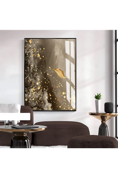 Harikabirev HARİKABİREV|KAHVERENGİ-GOLD YAPRAK DESEN SOYUT MODEL 1|ÇERÇEVELİ TEMPERLİ CAM TABLO TEKLİ DİKEY ürün görseli 1