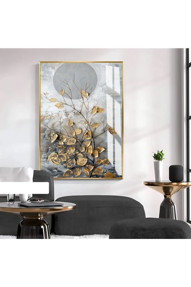 Harikabirev HARİKABİREV|GOLD-GRİ YAPRAK DESENLİ SOYUT MODEL 1|ÇERÇEVELİ TEMPERLİ CAM TABLO TEKLİ DİKEY ürün görseli 1