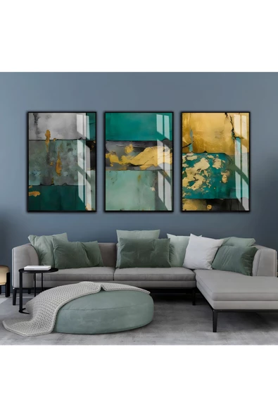 Harikabirev HARİKABİREV|ZÜMRÜT YEŞİL GOLD RENK ABSTRACT ART |ÇERÇEVELİ CAM TABLO  3LÜ DİKEY ürün görseli 1