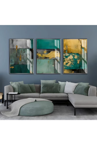 Harikabirev HARİKABİREV|ZÜMRÜT YEŞİL GOLD RENK ABSTRACT ART |ÇERÇEVELİ CAM TABLO  3LÜ DİKEY ürün görseli 1