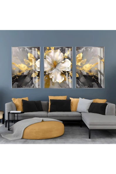 Harikabirev HARİKABİREV|GRİ-GOLD SOFT SOYUT ÇİÇEK KOMBİNİ |ÇERÇEVELİ CAM TABLO  3LÜ DİKEY ürün görseli 1