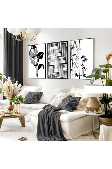 Harikabirev HARİKABİREV|SİYAH-BEYAZ SOYUT KOMBİNİ|ÇERÇEVELİ CAM TABLO 3LÜ DİKEY ürün görseli 1