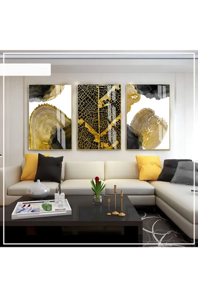 Harikabirev HARİKABİREV|BEYAZ-GRİ-GOLD SOFT RENK SOYUT  SET 01 |ÇERÇEVELİ CAM TABLO 3LÜ DİKEY ürün görseli 1