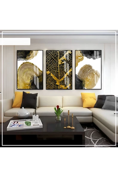 Harikabirev HARİKABİREV|BEYAZ-GRİ-GOLD SOFT RENK SOYUT  SET 01 |ÇERÇEVELİ CAM TABLO 3LÜ DİKEY ürün görseli 1