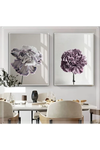 Harikabirev HARİKABİREV|GRİ-MOR ÇİÇEK KOMBİNİ 01 |ÇERÇEVELİ CAM TABLO  2Lİ DİKEY ürün görseli 1