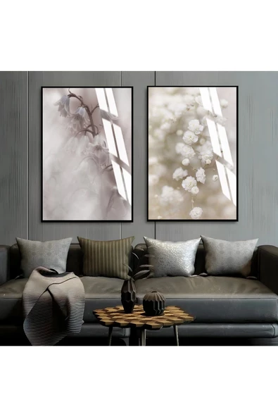 Harikabirev HARİKABİREV|SOFT BEYAZ ÇİÇEK MODELİ YENİ 01 |ÇERÇEVELİ CAM TABLO  2Lİ DİKEY ürün görseli 1