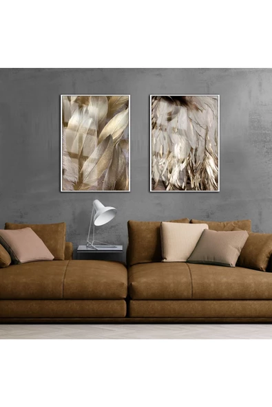 Harikabirev HARİKABİREV|GOLD KANAT VE TÜYLER SOL VE SAĞ |ÇERÇEVELİ CAM TABLO 2Lİ DİKEY ürün görseli 1