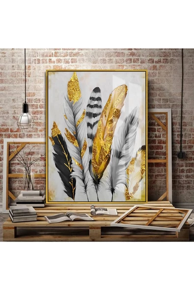 Harikabirev HARİKABİREV|GOLD-GRİ SEVİLEN TÜY TABLOSU |ÇERÇEVELİ TEMPERLİ CAM TABLO TEKLİ DİKEY ürün görseli 1