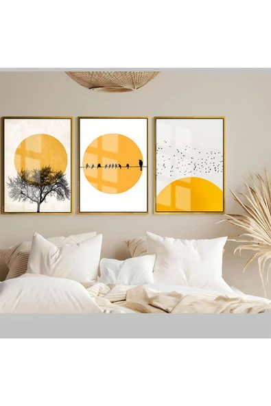 Harikabirev HARİKABİREV|SOFT-GOLD KUŞ-AĞAÇ KOMBİNİ|ÇERÇEVELİ TEMPERLİ CAM TABLO 3LÜ DİKEY ürün görseli 1