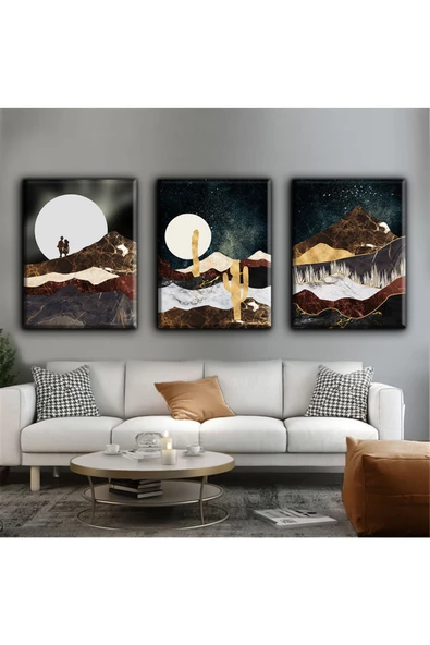 Harikabirev HARİKABİREV|KAHVERENGİ-SİYAH-GOLD SOYUT MANZARA ART|3LÜ KANVAS DKYKNVS ürün görseli 1