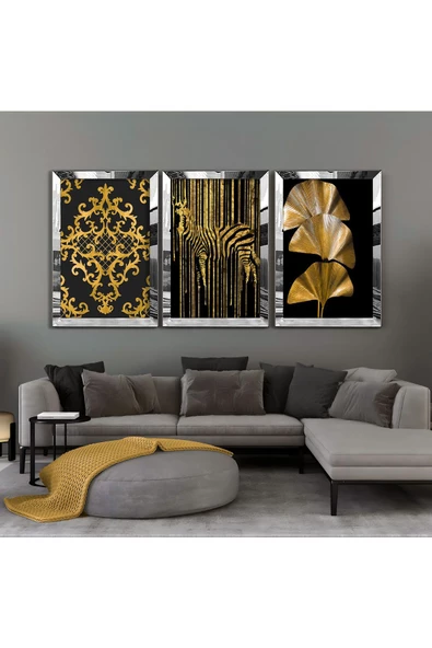 Harikabirev HARİKABİREV|GOLD-SİYAH ZEBRA DESENLİ KOMBİNİ |PLEKSİ ÇERÇEVELİ MDF TABLO KRFZ ürün görseli 1