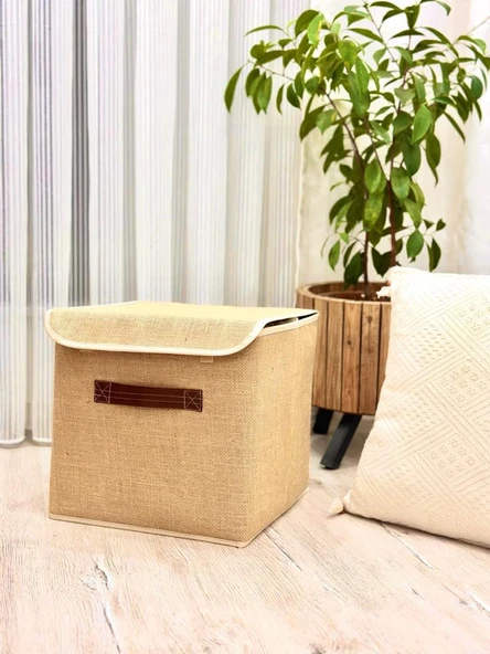Jüt Kapaklı Dolap Içi Çamaşır Oyuncak Düzenleyici Katlanır Saklama Kutusu 30x30x30 cm ürün görseli 1