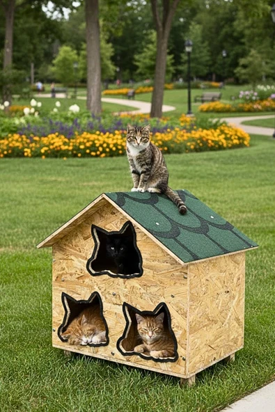 Reyo Kedi Evi Dış Ortam Uygun Ahşap Kedi Evi OSB 58x58x40 cm - CAT28 ürün görseli 1