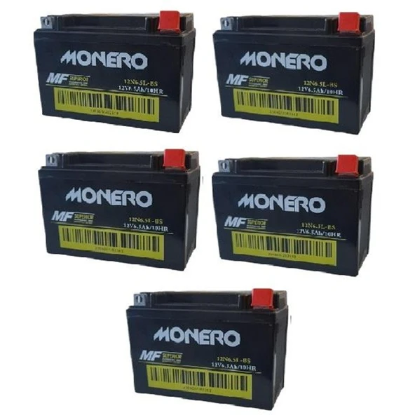 MONERO 12N6.5L  6,5AMPER MOTOSİKLET AKÜ 5'Lİ SET EBATLAR: 138x65x100mm ürün görseli 1
