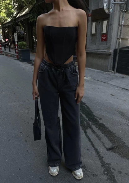 Arkadan Yırtmaçlı Jeans Kot Palazzo Pantolon - Siyah ürün görseli 1
