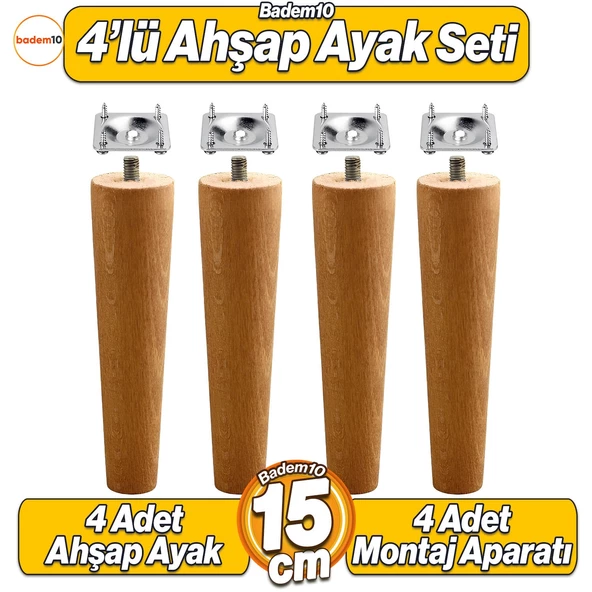 4'lü Set Ahşap 15 cm Mobilya Koltuk Kanepe Sehpa Masa Ayağı Ayakları M8 Civatalı Bağlantı Aparatlı ürün görseli 1