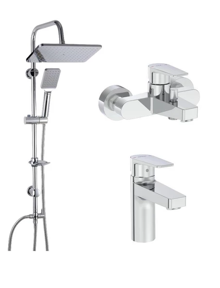 Artema Flow Square Krom Banyo Bataryası + Lavabo Bataryası + Doppo Long Krom Tepe Duş Seti ürün görseli 1