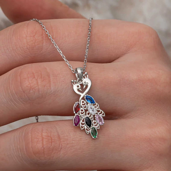 Gümüş Renkli Taşlı Tavus Kuşu Kadın Kolye  SL9965 ürün görseli 1