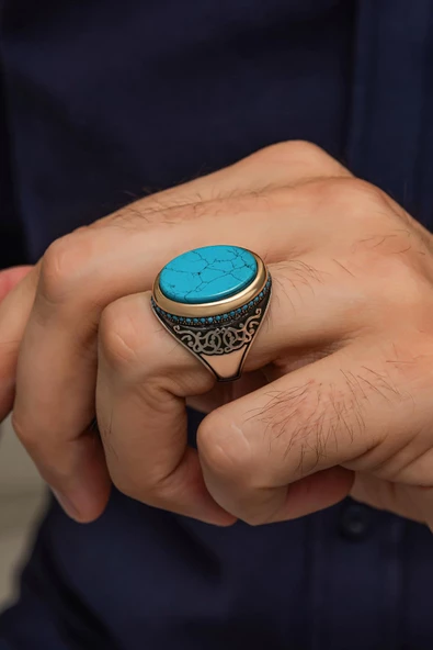Oval Mavi Taşlı 925 Gümüş Erkek Yüzük ürün görseli 1