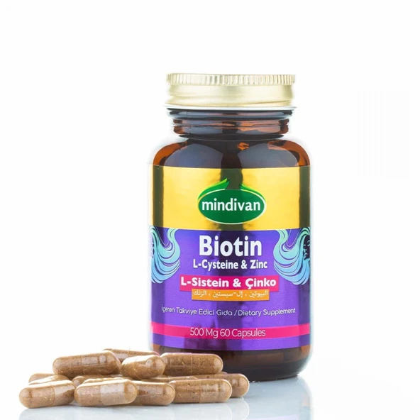 Mindivan Biotin, L-Sistein ve Çinko İçeren Takviye Edici Gıda - 500 Mg 60 Kapsül ürün görseli 1