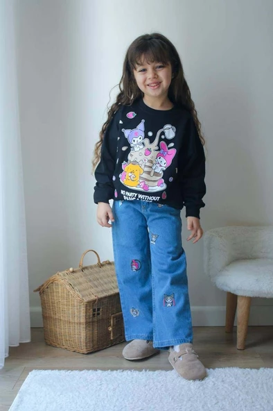 KIZ ÇOCUK KUROMİ MODELLİ KOT PANTOLON NAKIŞLI 2Lİ TAKIM ürün görseli 1