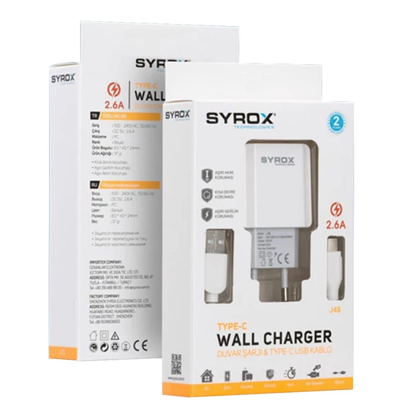 Syrox Type C Hızlı Şarj Cihazı 2.6A Beyaz J48 ürün görseli 1