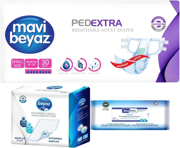 Mavi Beyaz Ped Ekstra Tekstil Yüzeyli Yetişkin Bel Bantlı Hasta Bezi S 30 Adet+ Yatak Korucu + Havlu ürün görseli 1