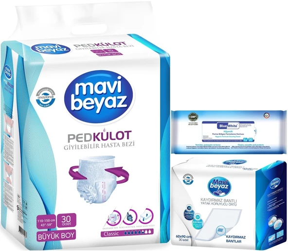 Mavi Beyaz Ped Emici Külot Hasta Bezi L 30 Adet + Yatak Koruyucu 30 Adet + Temizleme Havlusu 1 Pk ürün görseli 1