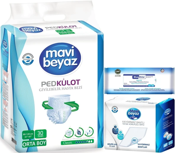 Mavi Beyaz Ped Emici Külot Hasta Bezi M 30 Adet + Yatak Koruyucu 30 Adet + Temizleme Havlusu 1 Pk ürün görseli 1