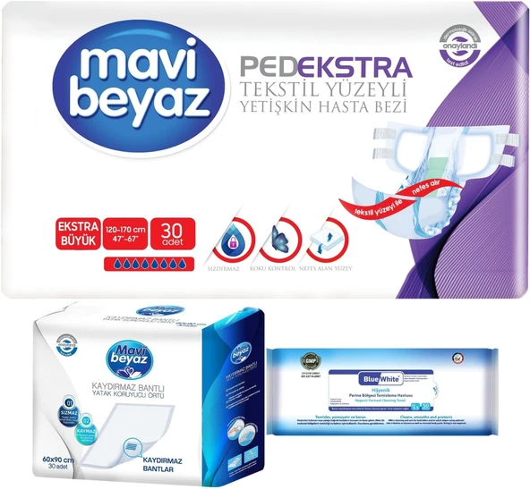 Mavi Beyaz Ped Ekstra Tekstil Yüzeyli Yetişkin Bel Bantlı Hasta Bezi XL 30 Adet+Yatak Korucu + Havlu ürün görseli 1