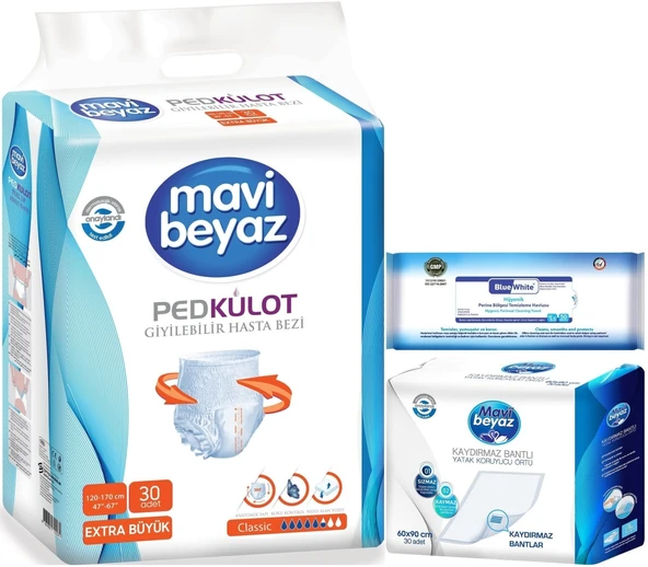 Mavi Beyaz Ped Emici Külot Yetişkin Bezi XL 30 Adet + Yatak Koruyucu 30 Adet + Temizleme Havlusu 1 Pk ürün görseli 1