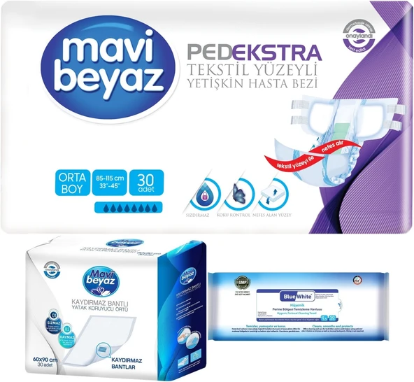 Mavi Beyaz Ped Ekstra Tekstil Yüzeyli Yetişkin Bel Bantlı Hasta Bezi M 30 Adet+ Yatak Korucu + Havlu ürün görseli 1