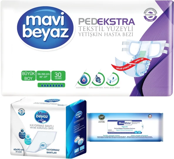 Mavi Beyaz Ped Ekstra Tekstil Yüzeyli Yetişkin Bel Bantlı Hasta Bezi L 30 Adet+ Yatak Korucu + Havlu ürün görseli 1