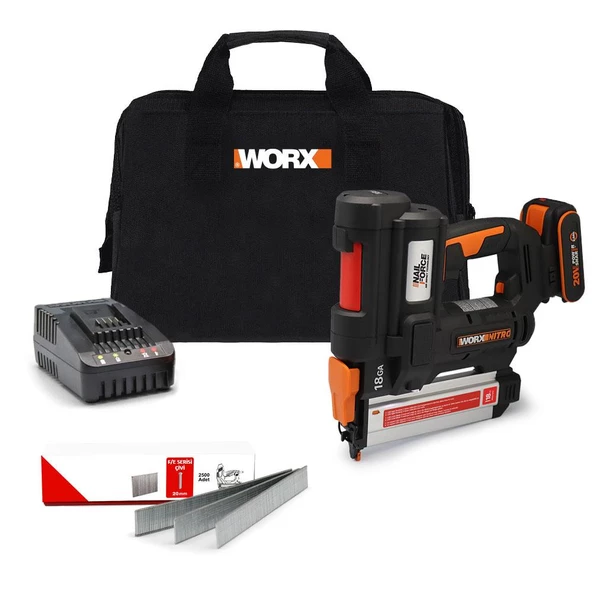 WORX WX842 20Volt/2.0Ah Li-ion 15-50mm Profesyonel Şarjlı Çivi Çakma Makinesi + 2700 Adet Yedek Çivi ürün görseli 1