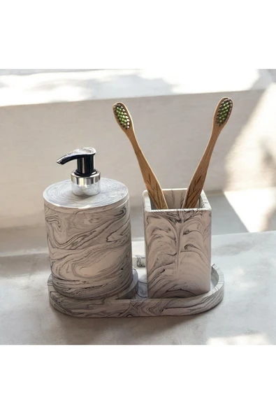 Estetik Mermer Desenli Beton Banyo Aksesuar Seti (3 Parça) ürün görseli 1