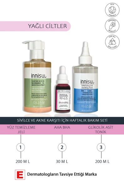 Yağlı Ciltler Sivilce Ve Akne Karşıtı Bakım Seti: Yüz Temizleme Jeli,aha Bha Peeling Serum,tonik ürün görseli 1