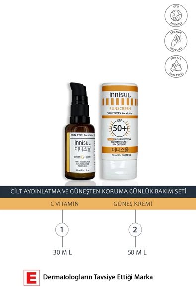 Cilt Aydınlatma Ve Güneşten Koruma Günlük Bakım Seti: 15% C Vitamini Serum Ve Arbutin Ile Güneş Krem ürün görseli 1