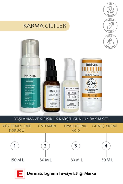 Karma Ciltler Yaşlanma, Kırışıklık Karşıtı Bakım Seti:c Vitamini Serum, Hyaluronik Asit, Güneş Kremi ürün görseli 1