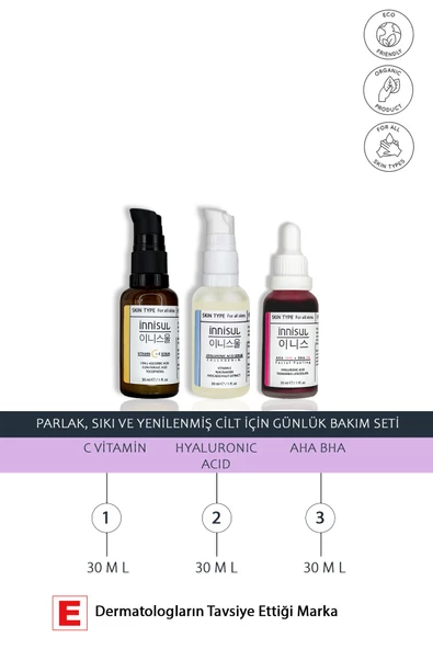 Parlak, Sıkı Ve Yenilenmiş Cilt Için Günlük Bakım Seti: C Vitamini Serum, Hyaluronic Asit, Aha Bha ürün görseli 1