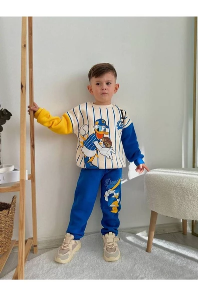 Erkek Çocuk 3 İplik Yumuşacık Sıcacık Şardonlu Pamuklu Takım I Erkek Çocuk Mavi ürün görseli 1