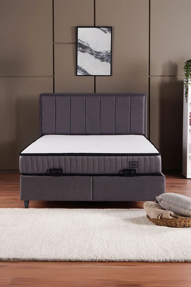Kilim Mobilya Royal Plus Sandıklı Baza Başlık Paket Yaylı Pedli Yatak Seti Antrasit 160X200 ürün görseli 1