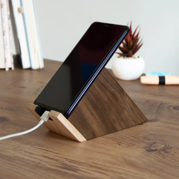 Woodsaka Blok Ceviz Telefon Standı - Ceviz & Akça ürün görseli 1