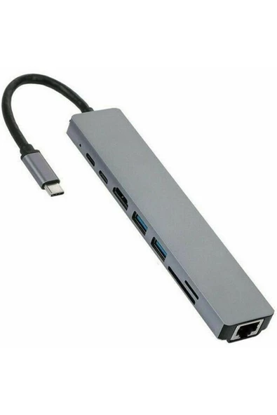 Alfais Type C To Hdmi Usb 3.0 Sd Microsd 8 in 1 Kart Rj45 Ethernet Çevirici Dönüştürücü Adaptör ürün görseli 1