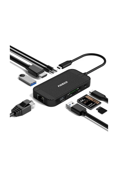 FİDECO Type C To 4k Hdmi Usb 3.0 Hub Gigabit Ethernet Kart Okuyucu Usb C Mikrofon Kulaklık ürün görseli 1