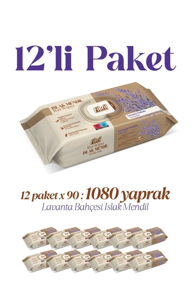 Fibril  Yeni Lavanta Kokulu Islak Mendil 12x90 Pk 1080 Yaprak Doğal Esans , Geri Dönüştürülebilir Kumaş ürün görseli 1