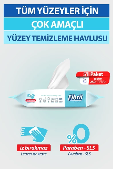 Fibril  Pratik Yüzey Temizlik Havlusu Beyaz Sirkeli Sabun Kokulu 5 X 50 (TOPLAM 250 YAPRAK) ürün görseli 1